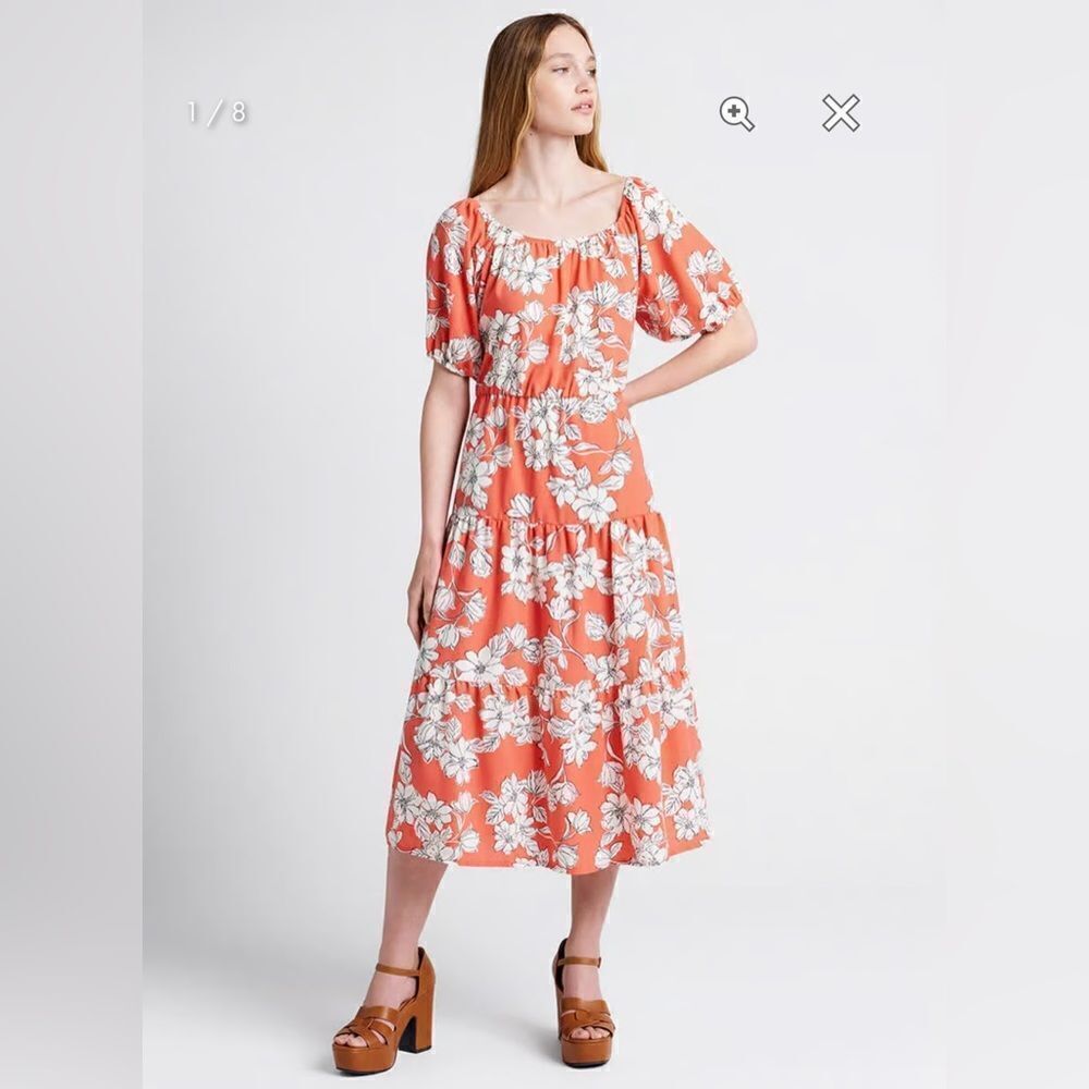 Modcloth Parker & Rowe Floral Bloom Wildly Tiered Midi Dress Coral Orange XS